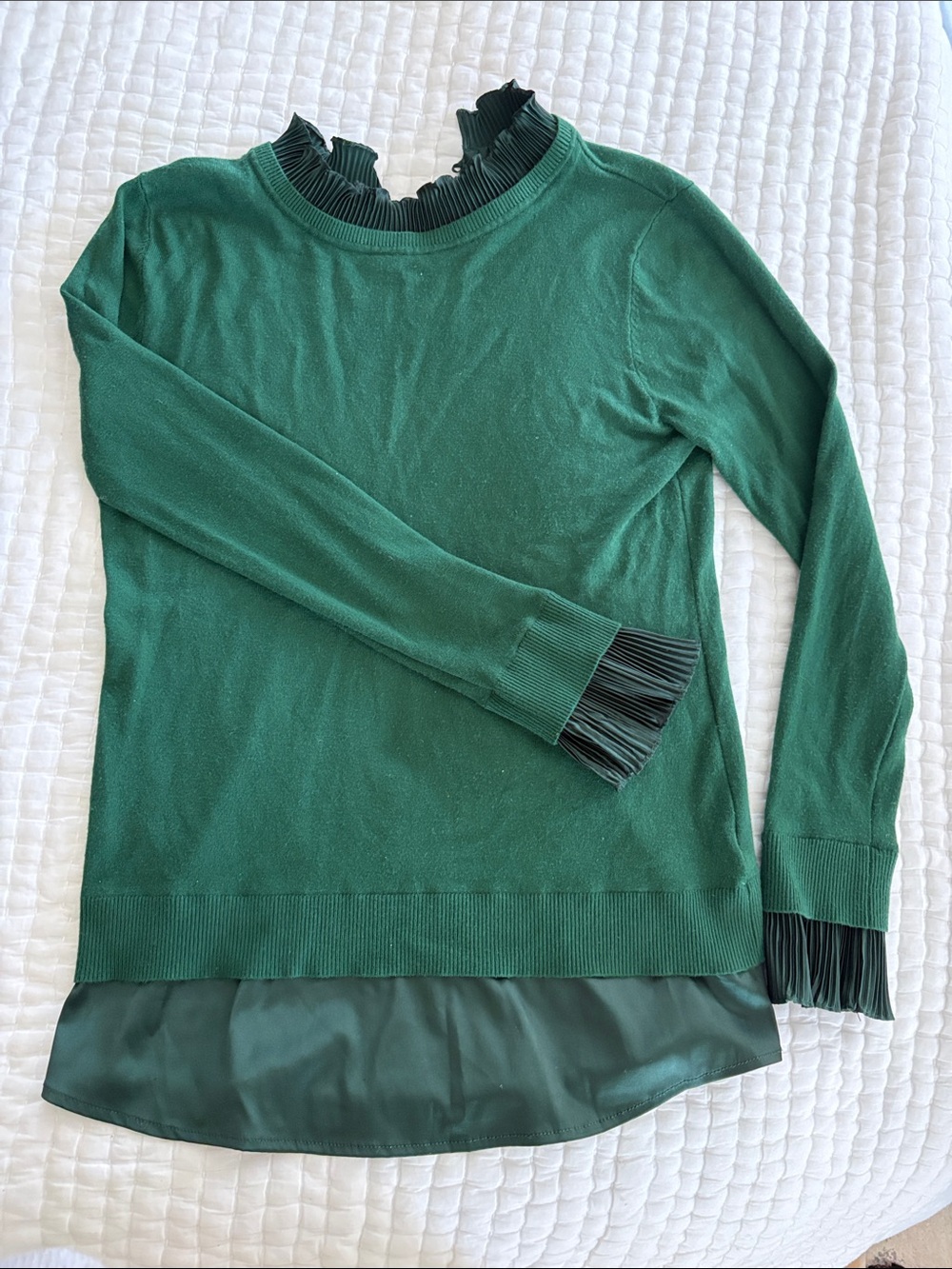 Women's Dark Green Layered Cowl-Neck Sweater with Pleated Trim